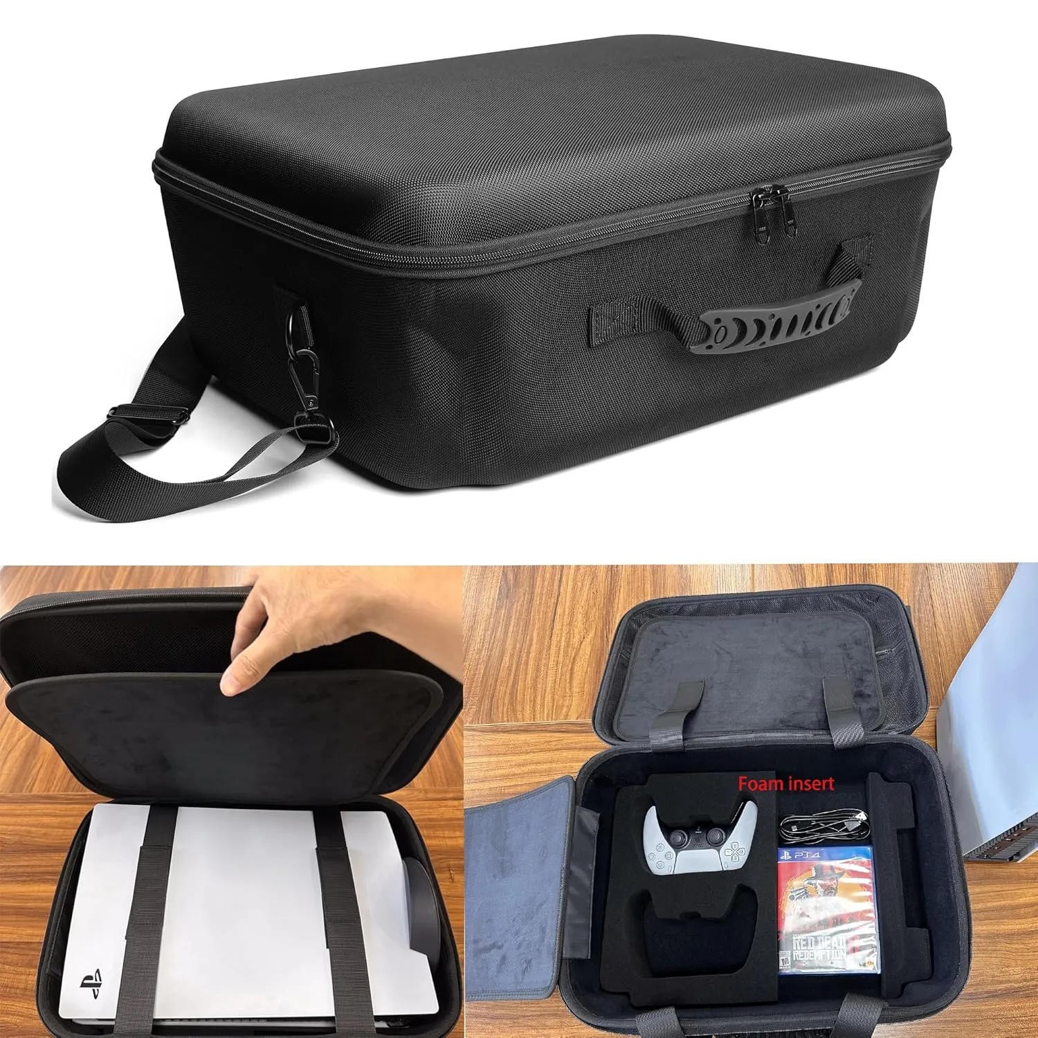 RIGICASE Hard carry case for ps5/ps5 pro/ps5 slim(no removing stand), Hard travel case for playstation and accessosries,with handle/adjustable shoulder strap, plenty of foam cushion