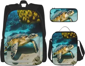 Sea Turtle Print Pencil Case Lightweight Casual Fashion Backpack Lunch Bag Large Capacity Travel Bag