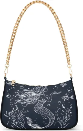 Shoulder Bags for Women Black and White Mermaid Coral Fish Bubbles Hobo Tote Handbag Small Clutch Purse with Zipper Closure