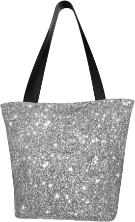 Silver Glitter Sparkles Shoulder Bag, High-Density Polyester Tote With Zipper Closure & Inner Pocket, Spacious & Lightweight For Market, Beach & Travel