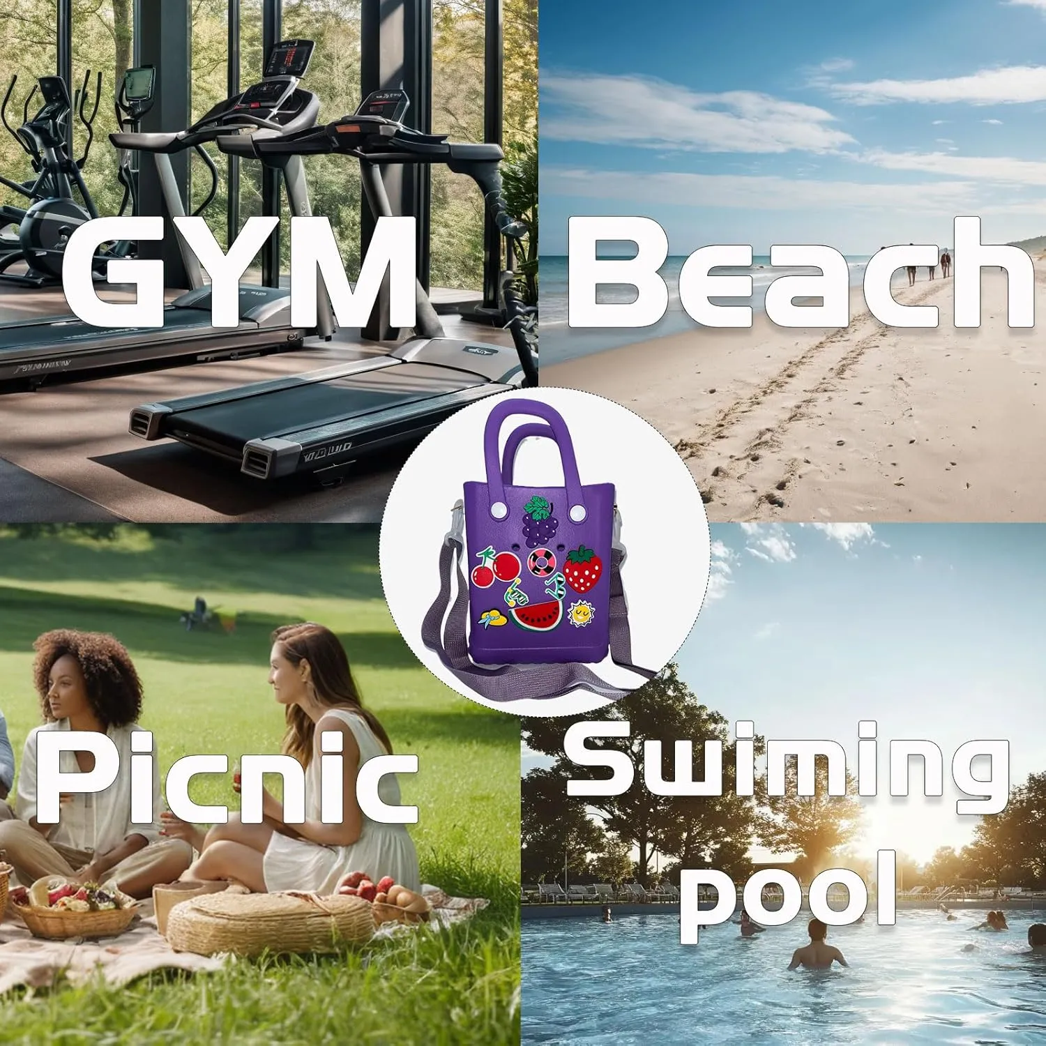 Small Rubber Beach Bag Waterproof Mini Eva Tote Pool Bag With Holes and Crossbody Strap For Women
