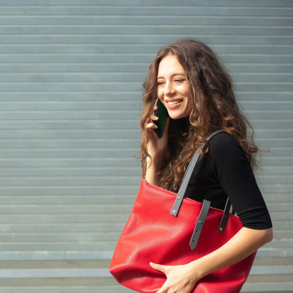 Soft Italian Leather Tote with Zip - Red