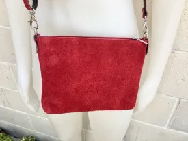 Suede leather bag in DARK RED. Burgundy  crossbody bag,shoulder bag in GENUINE  leather. Small leather bag with adjustable strap and zipper.