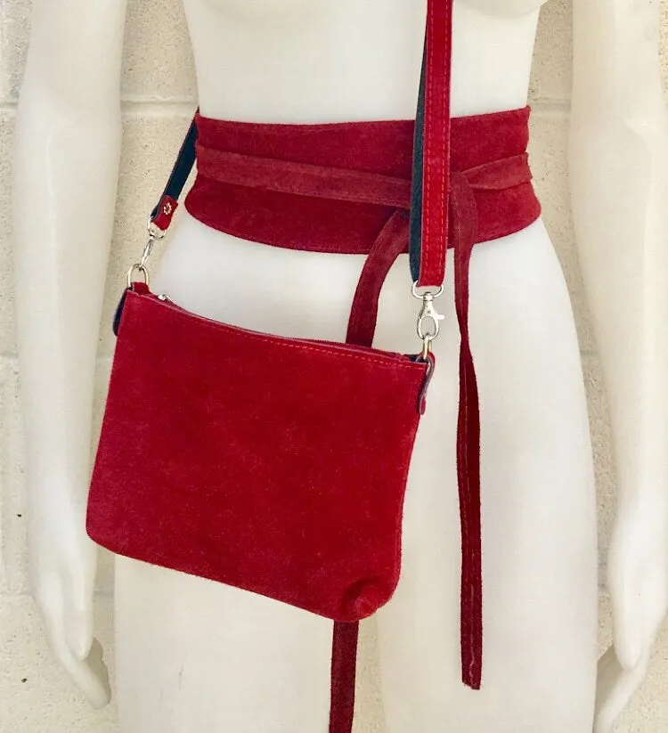 Suede leather bag in DARK RED. Burgundy  crossbody bag,shoulder bag in GENUINE  leather. Small leather bag with adjustable strap and zipper.
