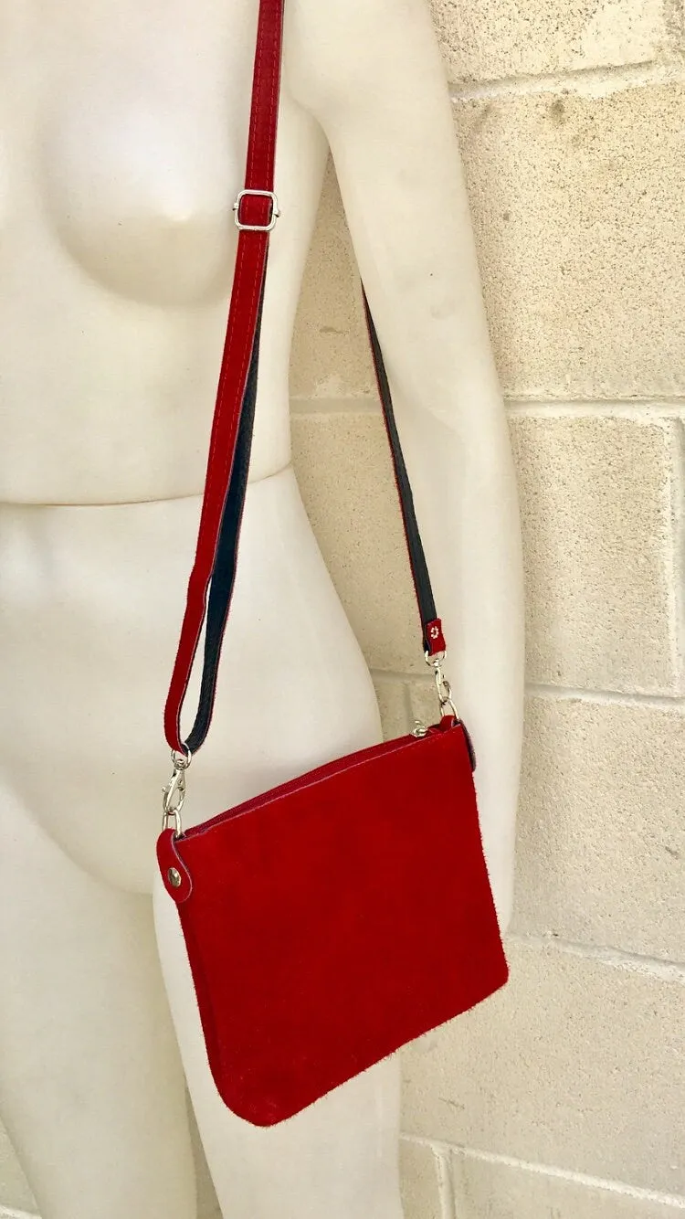 Suede leather bag in DARK RED. Burgundy  crossbody bag,shoulder bag in GENUINE  leather. Small leather bag with adjustable strap and zipper.