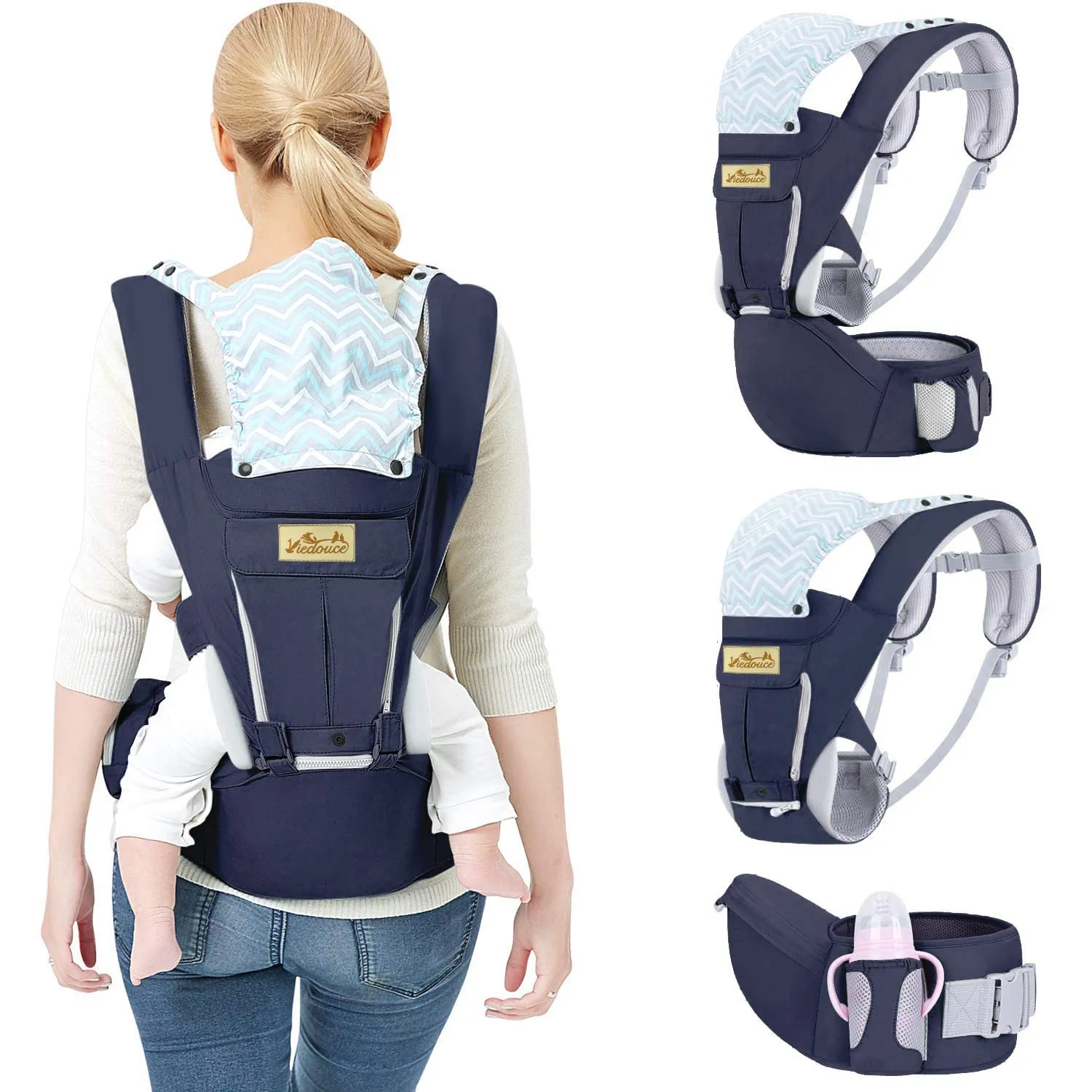 Viedouce Baby Carrier Ergonomic with Hip Seat/Pure Cotton Lightweight and Breathable/Multiposition:Dorsal, Ventral, Adjustable for Newborn and Toddler 3 to 48 Month