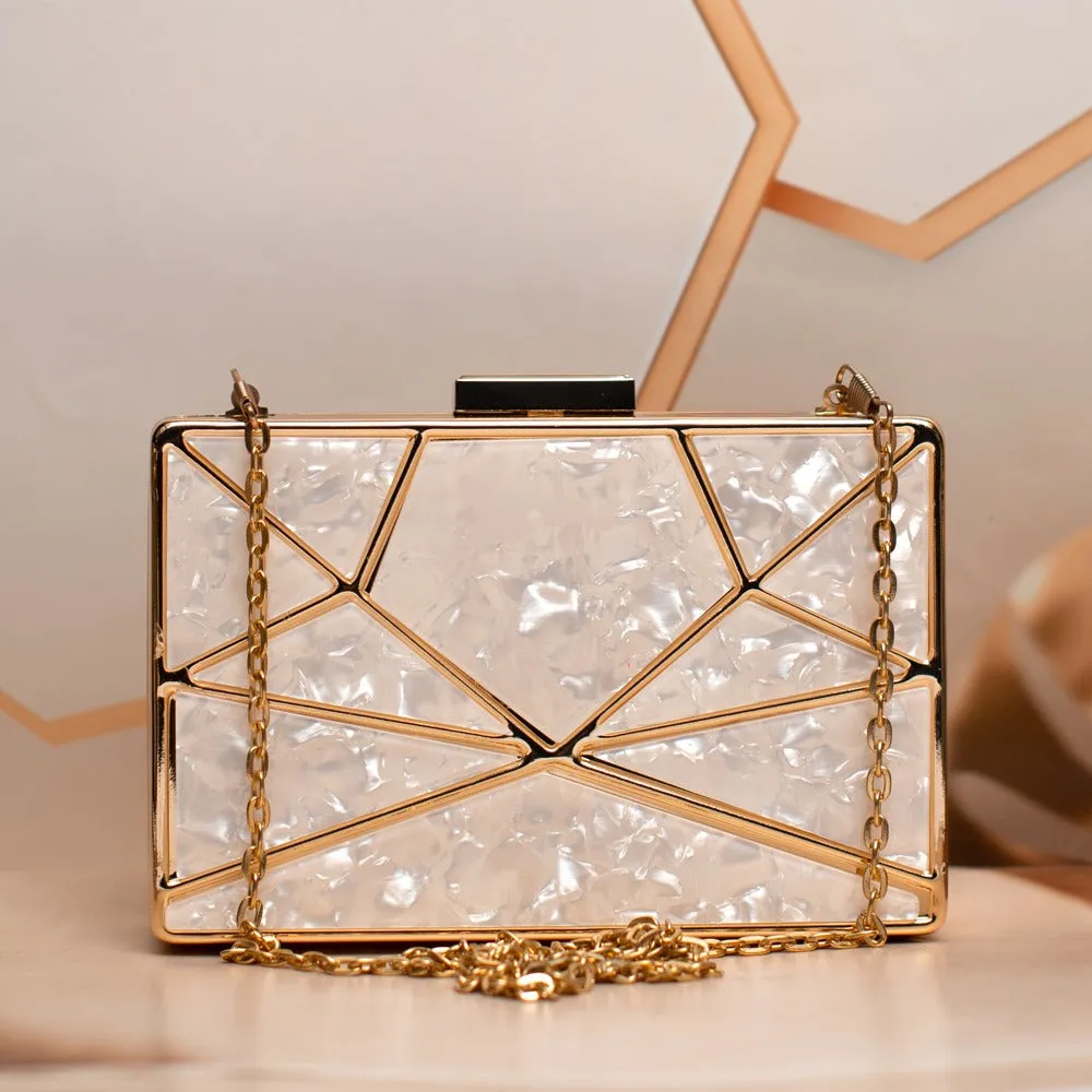 White Acrylic MOP Cutout Metal Clutch
