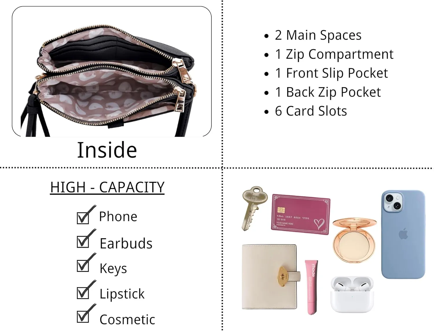 Women's Crossbody Shoulder Bag Cell Phone Purse Wallet Wristlet Clutch with Adjustable Strap and Zipper