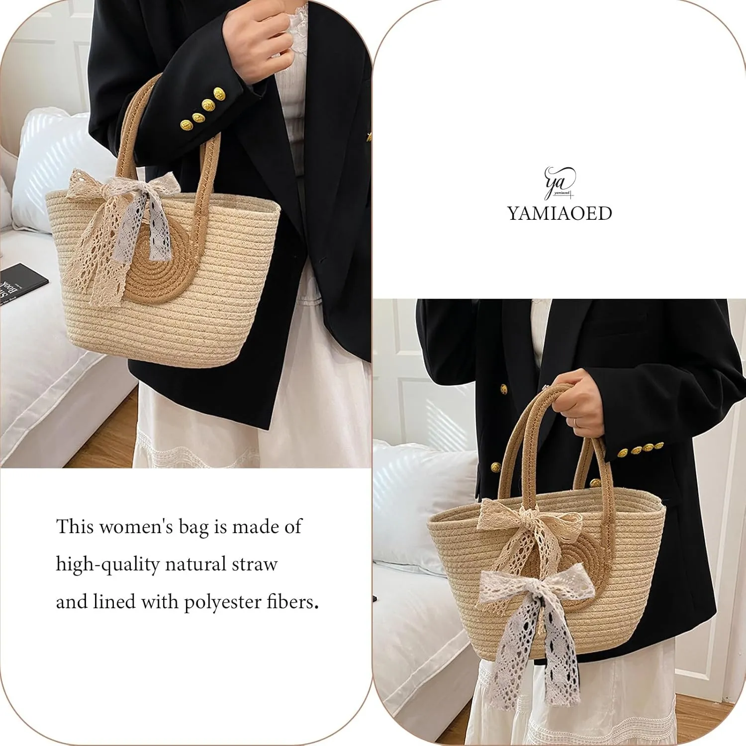 Women's Straw Beach Top HandleTote Bag Ideal Summer Top Handle Vintage Shoulder Handbag