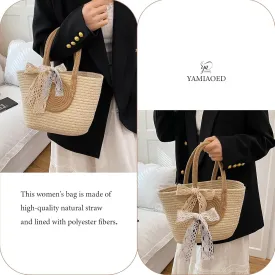 Women's Straw Beach Top HandleTote Bag Ideal Summer Top Handle Vintage Shoulder Handbag