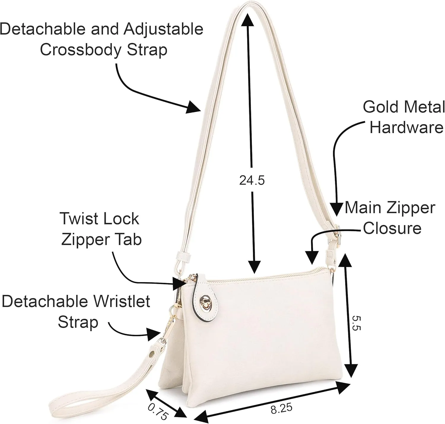 Women's Turn Lock Closure Wristlet Clutch and Crossbody, Multiple Compartment