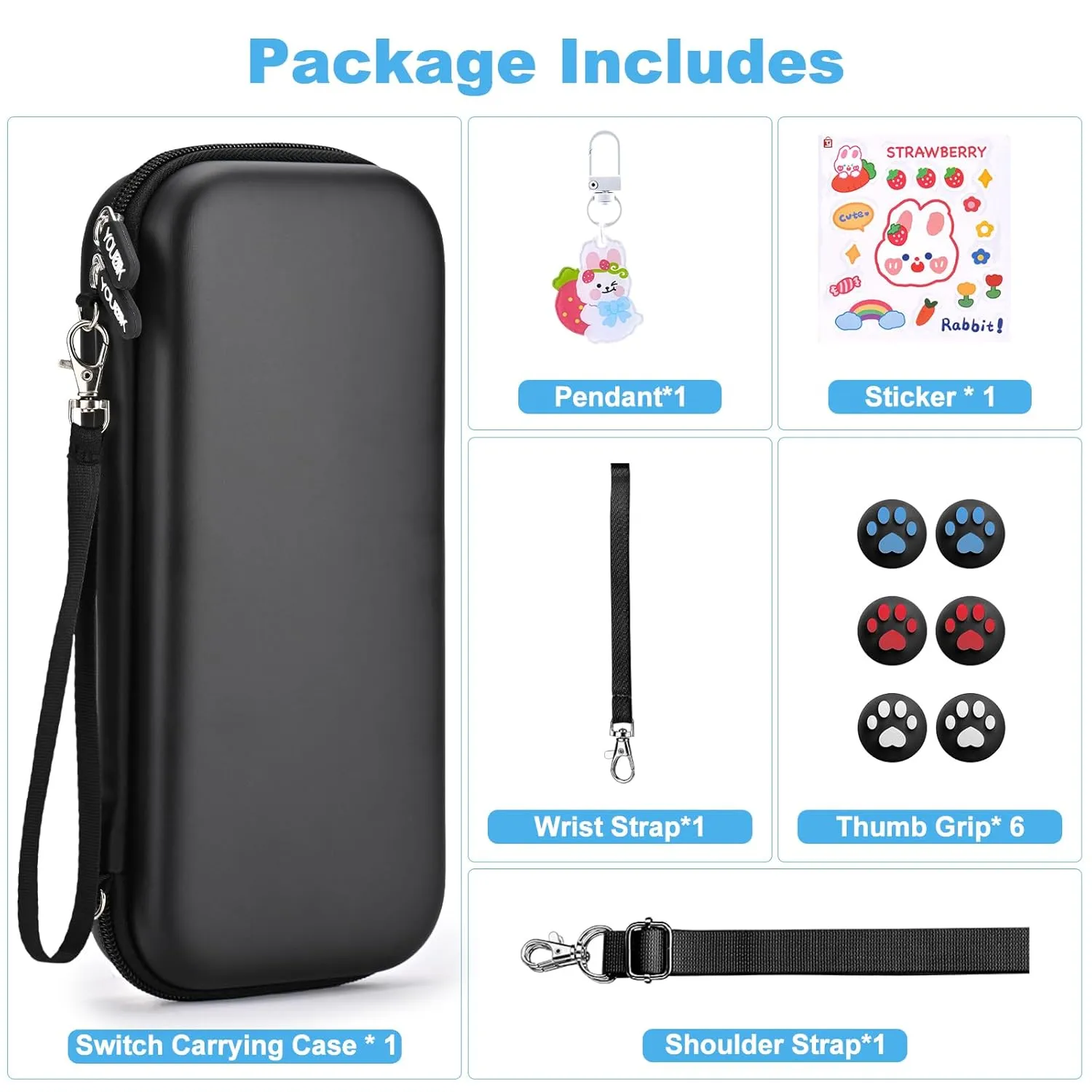 Younik Switch Case for NS Switch and Switch OLED, 11 in 1 Black Switch Accessories Kit Include Switch Carrying Case, Thumb Caps, Cute Sticker and Pendant