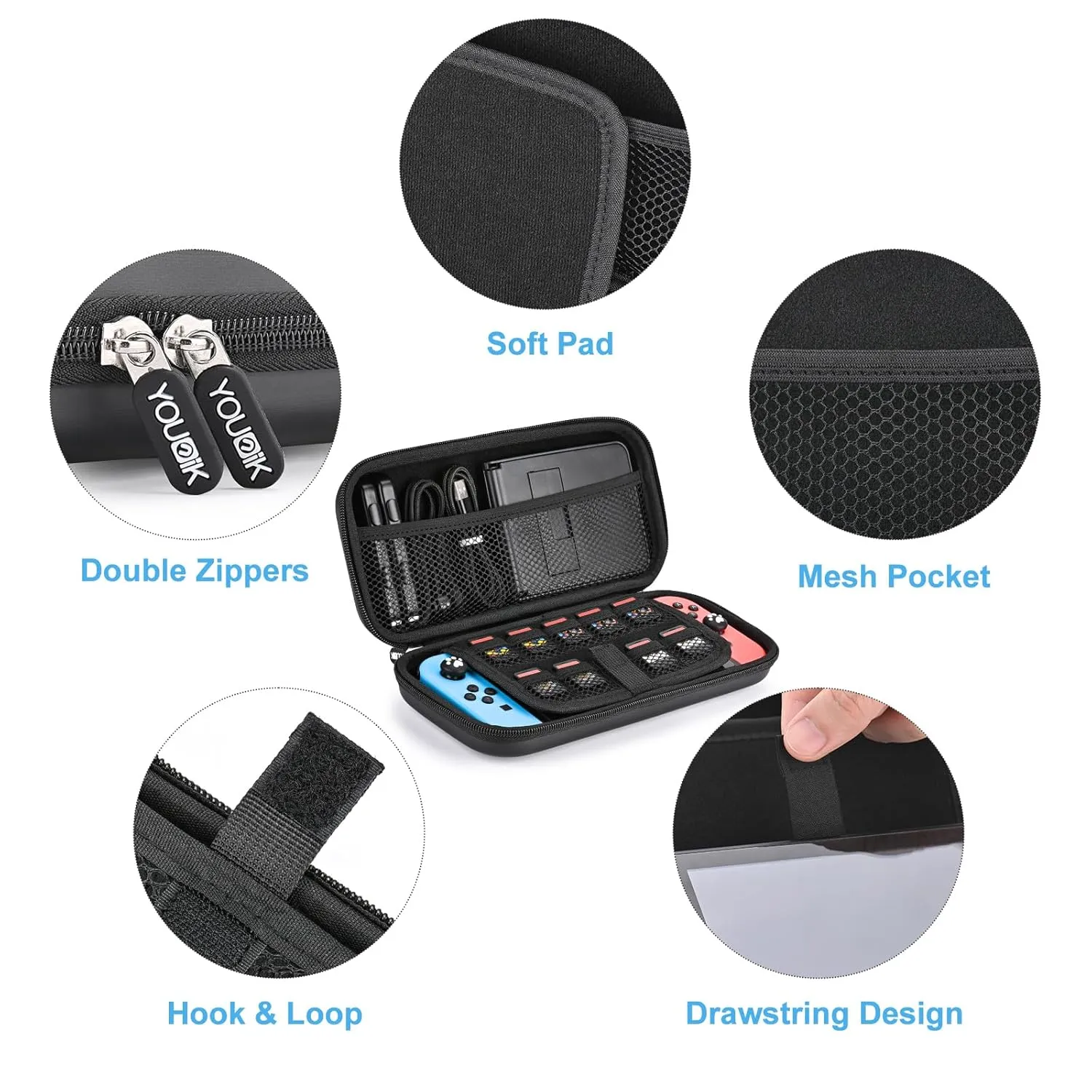 Younik Switch Case for NS Switch and Switch OLED, 11 in 1 Black Switch Accessories Kit Include Switch Carrying Case, Thumb Caps, Cute Sticker and Pendant