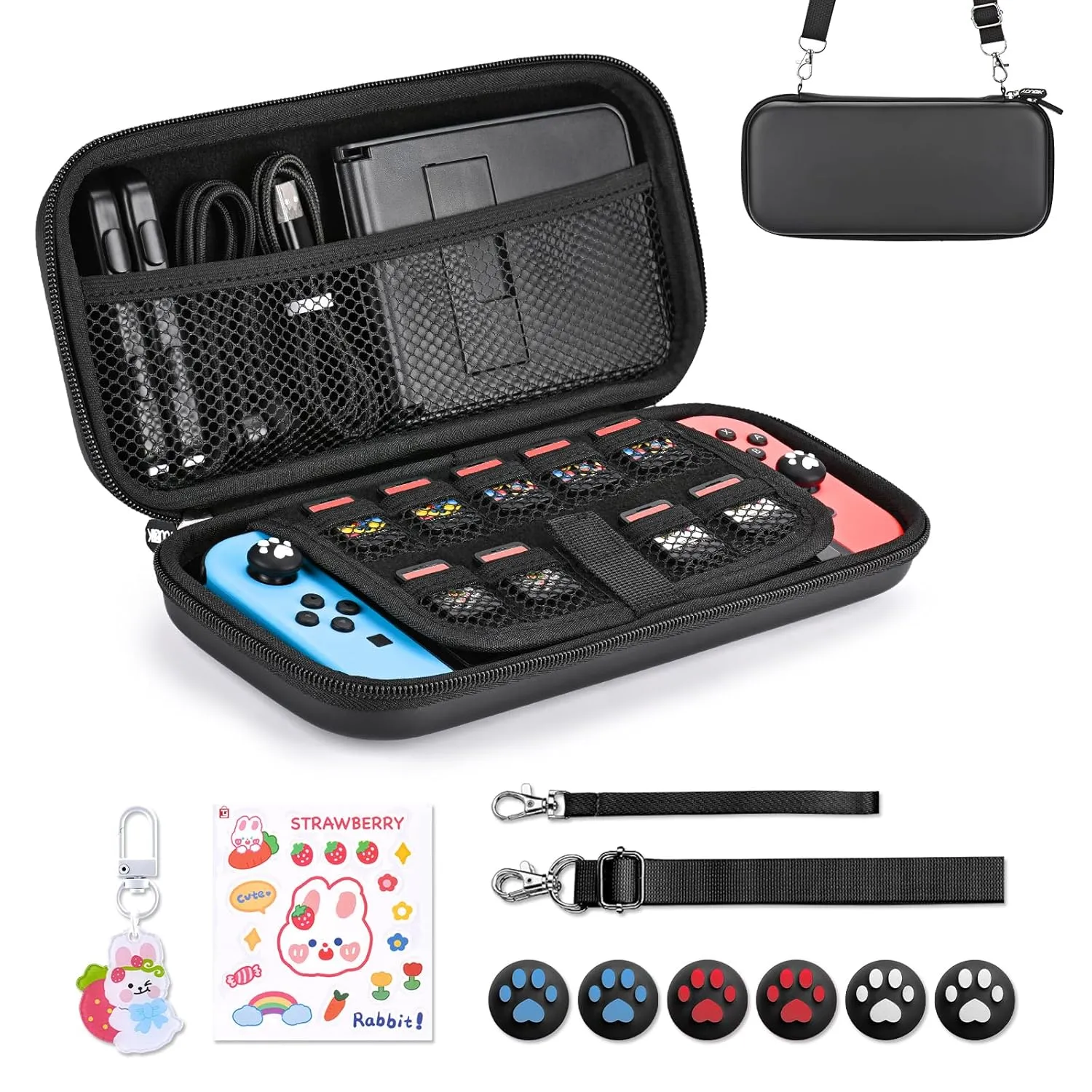 Younik Switch Case for NS Switch and Switch OLED, 11 in 1 Black Switch Accessories Kit Include Switch Carrying Case, Thumb Caps, Cute Sticker and Pendant