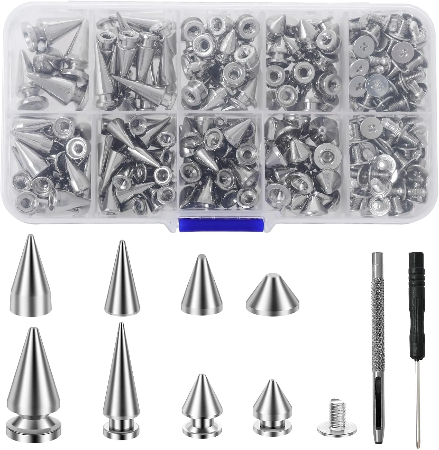 ZJRDYYK 359PCS Spikes and Studs for Clothing, Screwback Studs, 8 Sizes Metal Cone Spikes for Crafts, DIY, Punk, Clothes, Collars, Bags, Shoes, Belts