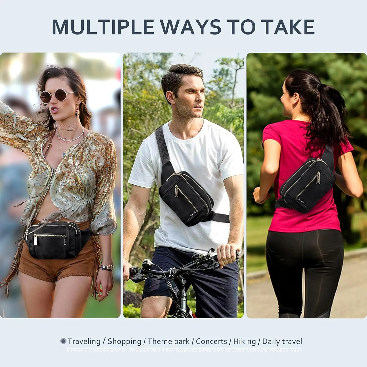 ZORFIN Fanny Packs for Women Men, Belt Bag with 5 Zipper Pockets, Fashion Waist Pack Crossbody Bag with Adjustable Belt for Travel/Shopping/Hiking/Running/Cycling (Green)
